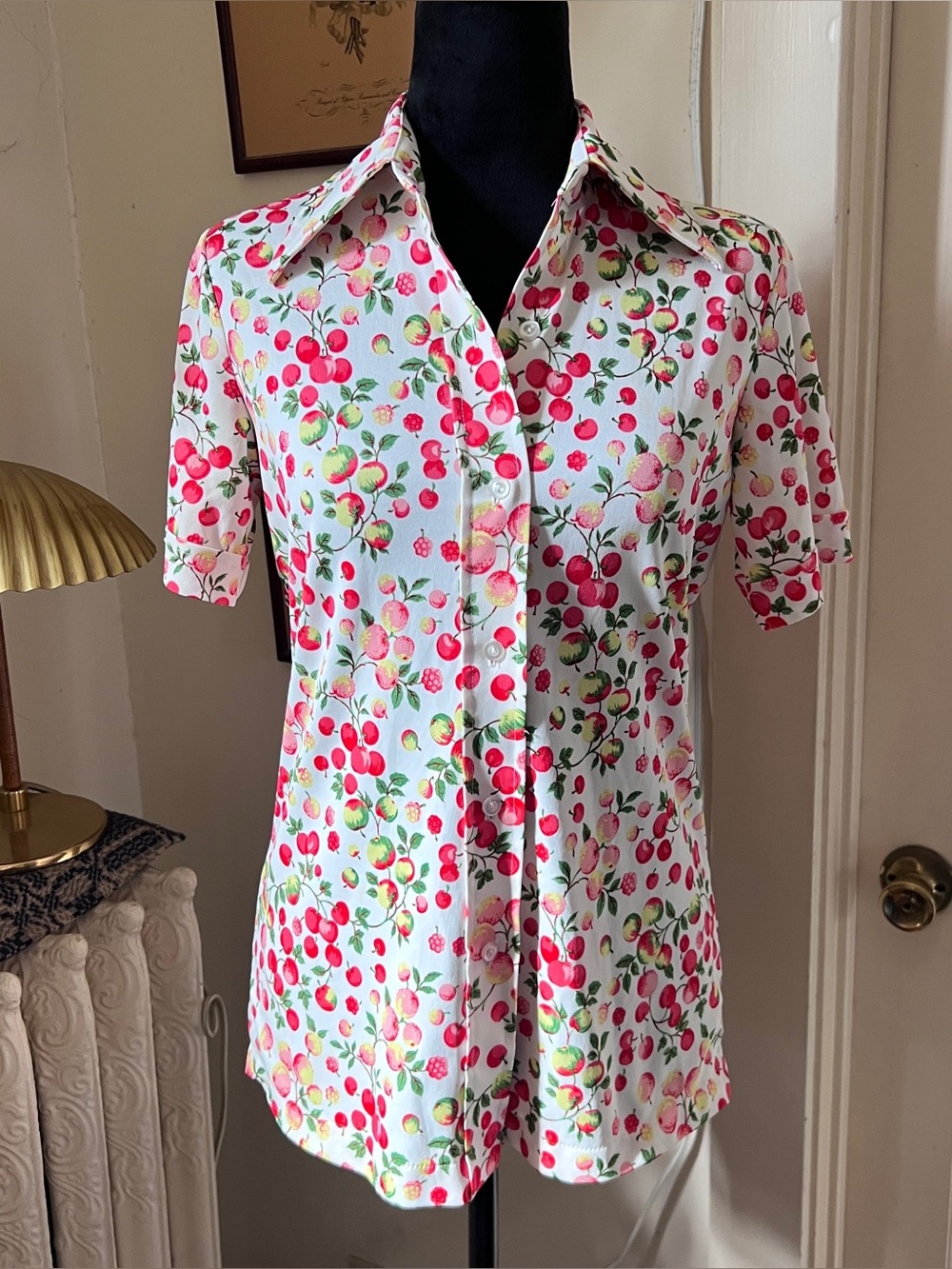 Vtg 60s 70s Sears Cherry Fruit Print Button Collared Blouse Size Small